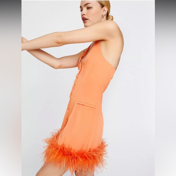Nasty Gal Feather Trim Halterneck Tailored Dress in Orange - Picture 3 of 4
